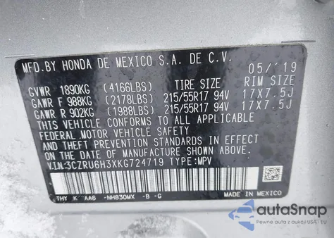 2019 Honda Hr-V Lx из США, поврежденный, VIN 3CZRU6H3XKG724719